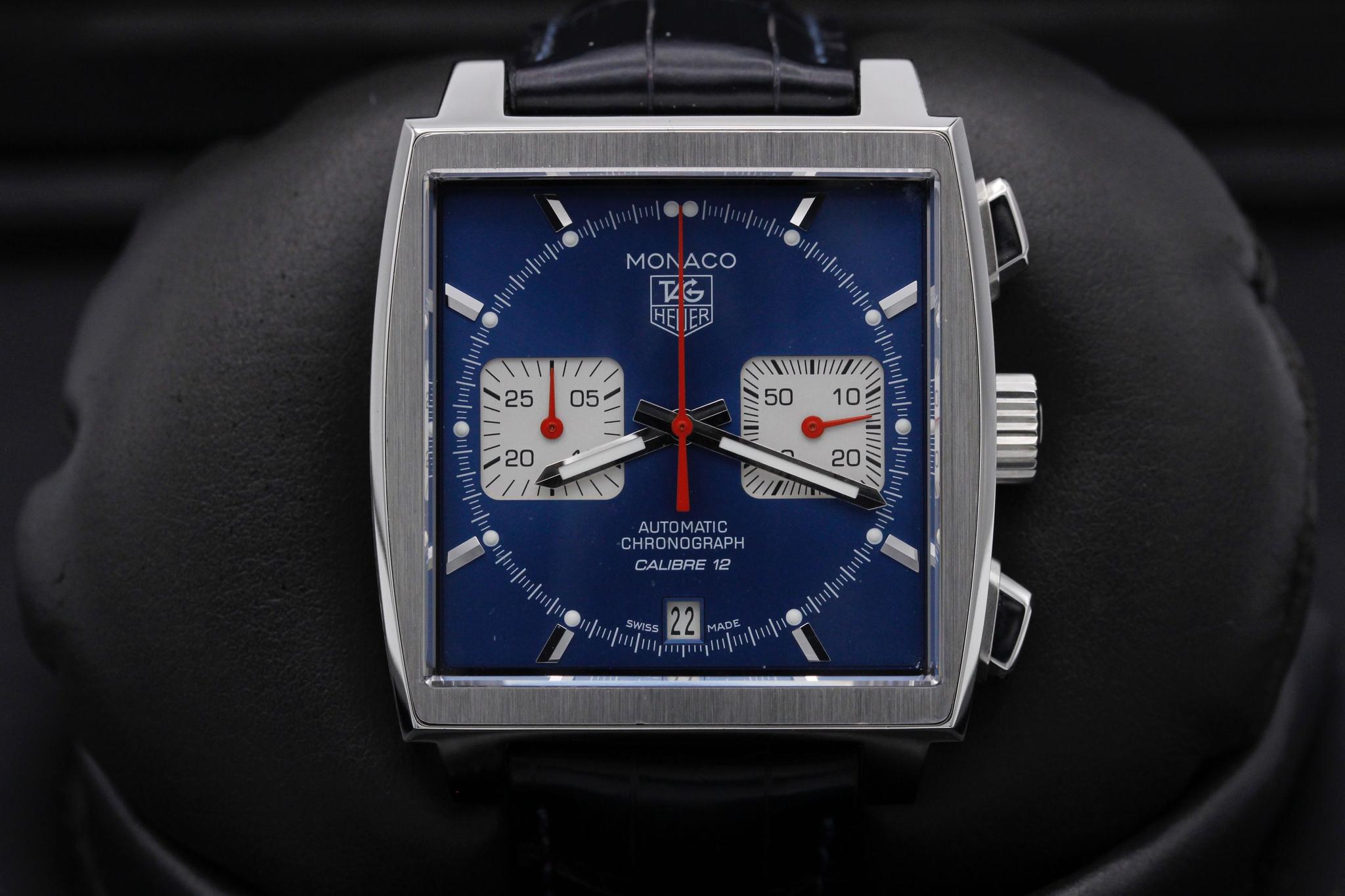 TAG Heuer Monaco Calibre 12 in stainless steel featuring a blue b